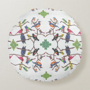 The Gathering Patterned Songbirds Round Pillow