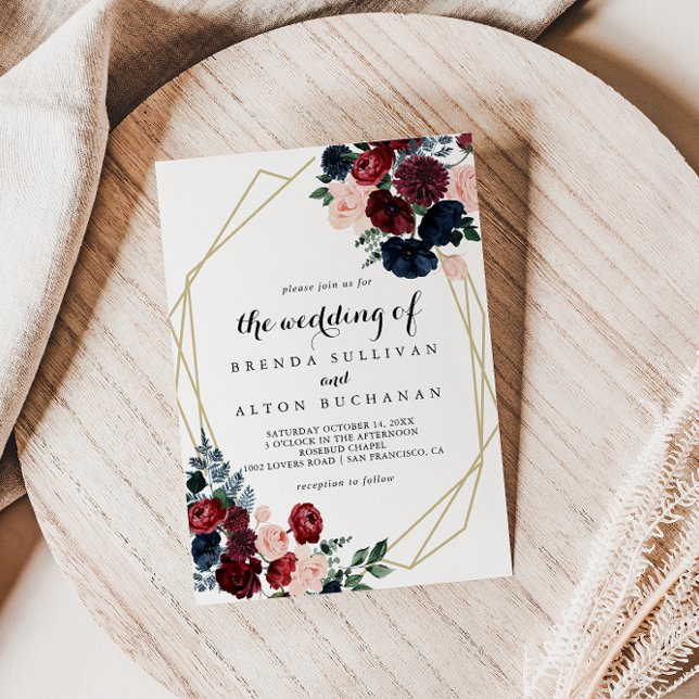 The Geometric Burgundy Navy Floral Wedding of  Invitation (Creator Uploaded)