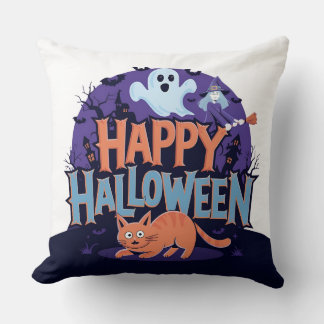 The Ghost and Halloween Cat Throw Pillow: Charming Cushion