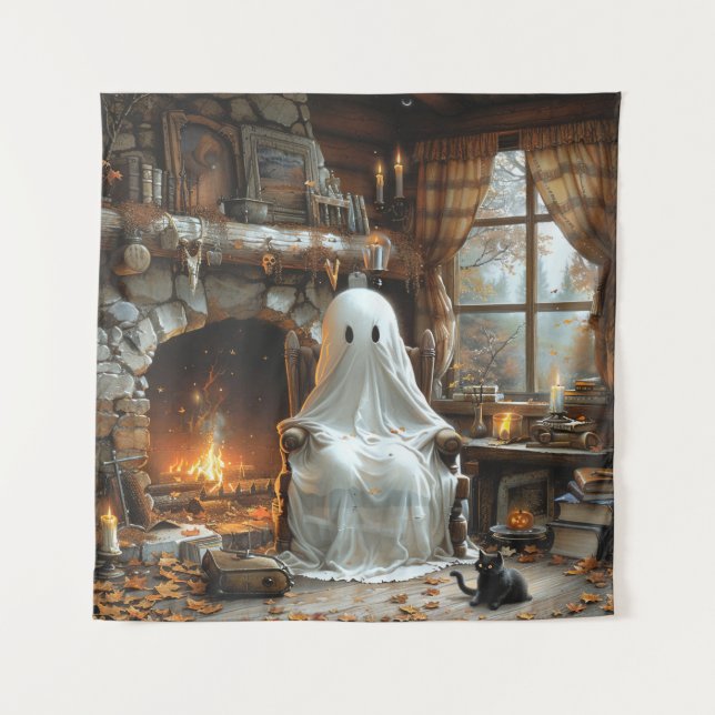 The Ghost at Ember Hollow Halloween Tapestry (Front)