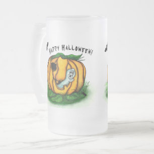The Ghost of Halloween , Bat , Ghost and Spider Frosted Glass Beer Mug