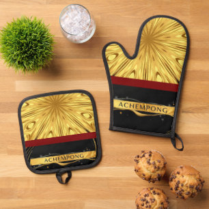 The Gilded Zenith: Molten Gold & Deep Crimson Ache Oven Mitt & Pot Holder Set