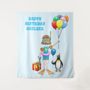 The girl and the penguin with balloons tapestry