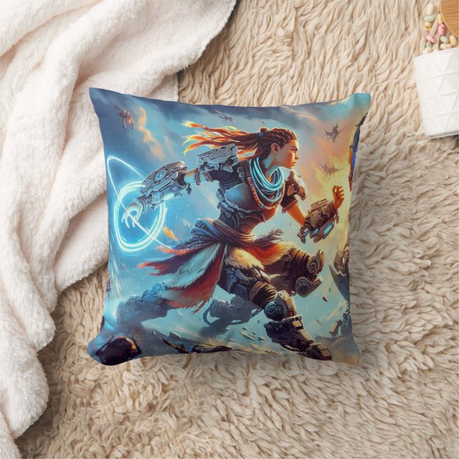 The girl fights the robot cushion (Blanket)