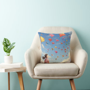 the girl watching the paper kites cushion
