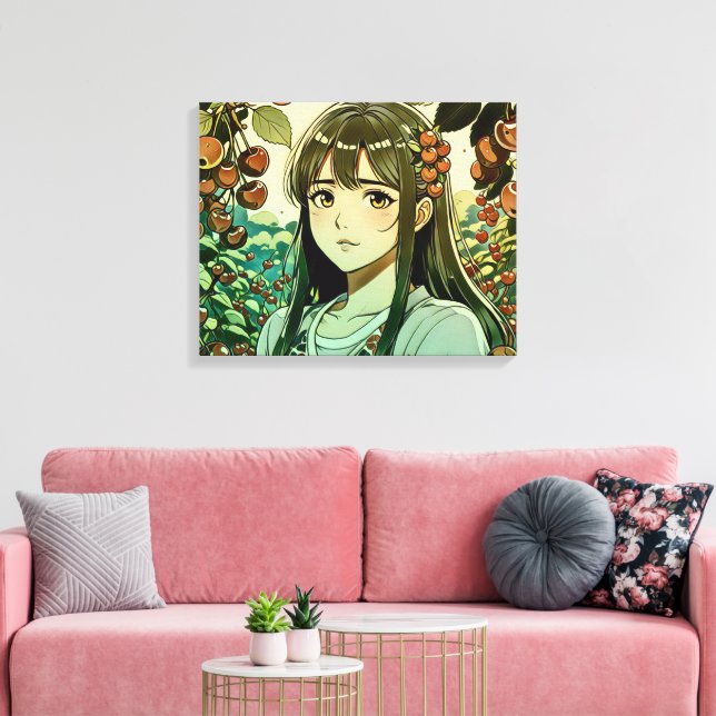 The girl with cherry fruits - Modern illustration  Canvas Print (Insitu(LivingRoom))