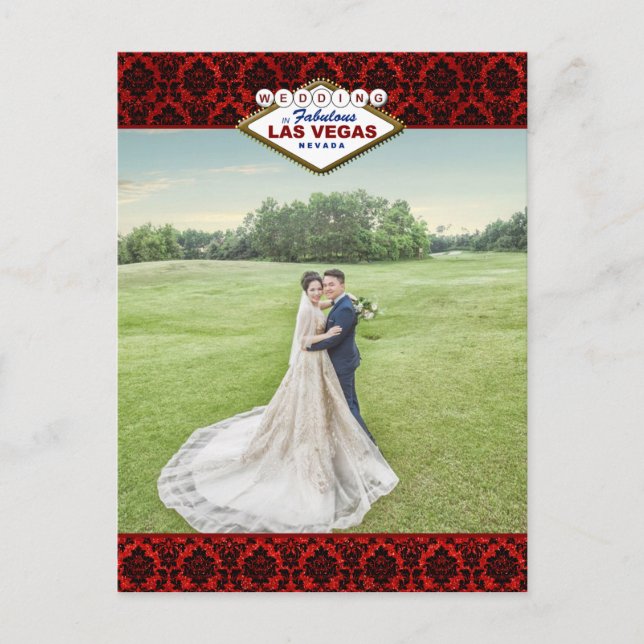 The Glitter Damask Las Vegas Wedding Collection Announcement Postcard (Front)