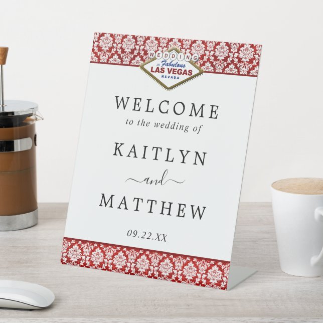 The Glitter Damask Las Vegas Wedding Collection Pedestal Sign (In SItu)