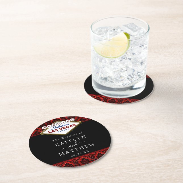 The Glitter Damask Las Vegas Wedding Collection Round Paper Coaster (Insitu)