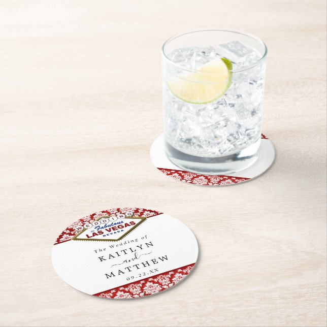 The Glitter Damask Las Vegas Wedding Collection Round Paper Coaster (Insitu)