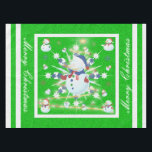 The Glittery Christmas Snowman - Tablecloth<br><div class="desc">This design features a white and blue snowflake, a golden tree, coloured snowflakes and lots of snowmen dressed for a cold Christmas season. A glitter was added to this design. A green backround was added along with a white border. Merry christmas was added to this design. This table cover comes...</div>