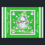 The Glittery Christmas Snowman - Tablecloth<br><div class="desc">This design features a white and blue snowflake, a golden tree, coloured snowflakes and lots of snowmen dressed for a cold Christmas season. A glitter was added to this design. A green backround was added along with a white border. Merry christmas was added to this design. This table cover comes...</div>