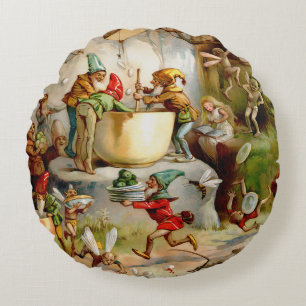 The Gnomes' Kitchen - 1895 by E. Stuart  Round Cushion
