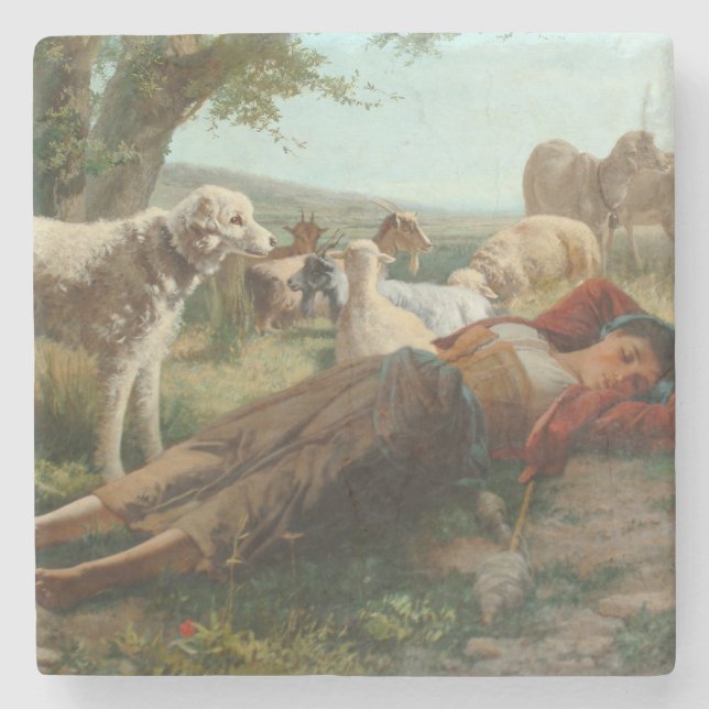 The Goatherder Girl's Siesta (by Carlo Ademollo) Stone Coaster (Front)