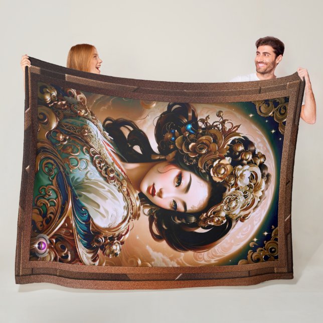 The Golden Dragon Geisha Girl AI Art by Xzendor7 Fleece Blanket (In Situ)