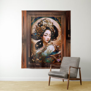 The Golden Dragon Geisha Girl AI Art by Xzendor7 Tapestry