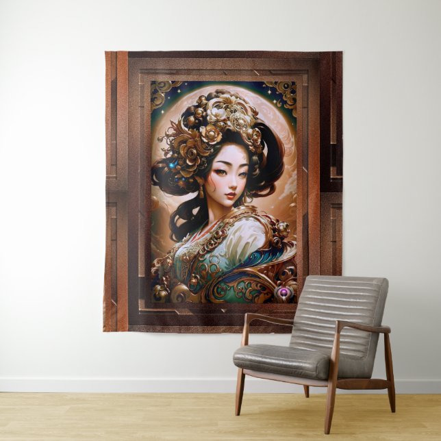 The Golden Dragon Geisha Girl AI Art by Xzendor7 Tapestry (In Situ)