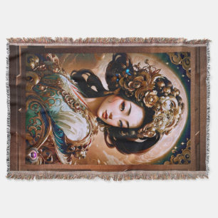 The Golden Dragon Geisha Girl AI Art by Xzendor7 Throw Blanket