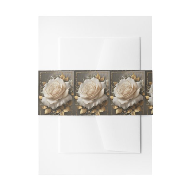 The Golden-Edged White Rose Artwork Invitation Belly Band (Front Example)