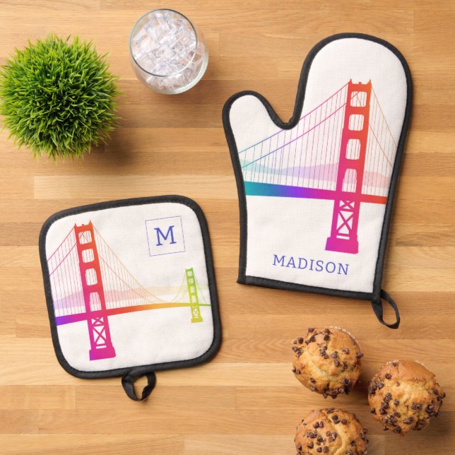 The Golden Gate Bridge | Rainbow Style Oven Mitt & Pot Holder Set (Top Down)