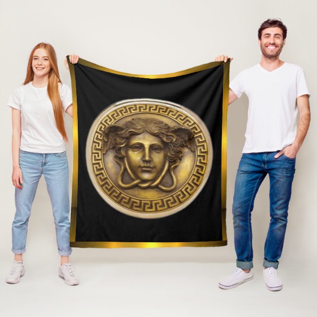 The Golden Medusa - Gorgon Greek Key Fleece Blanket (In Situ)