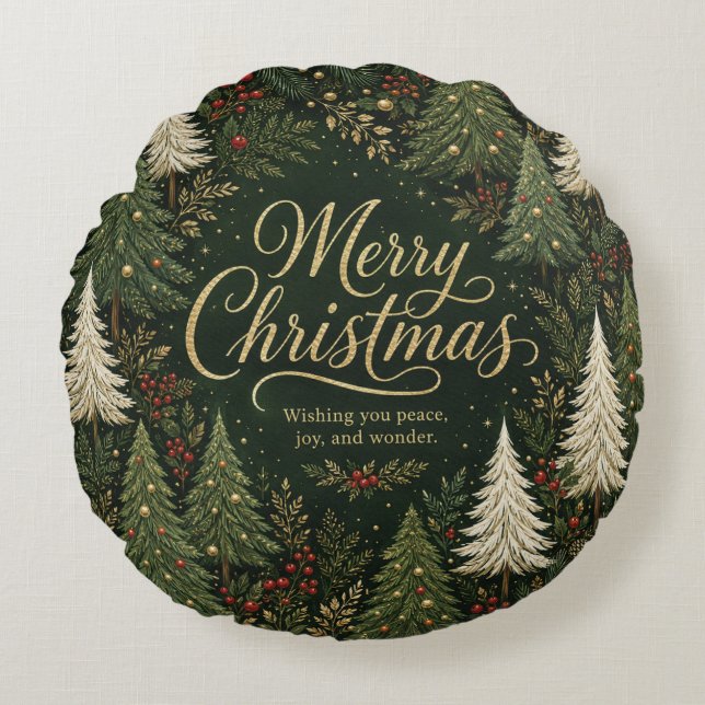 The Golden Yuletide Forest Round Cushion (Front)