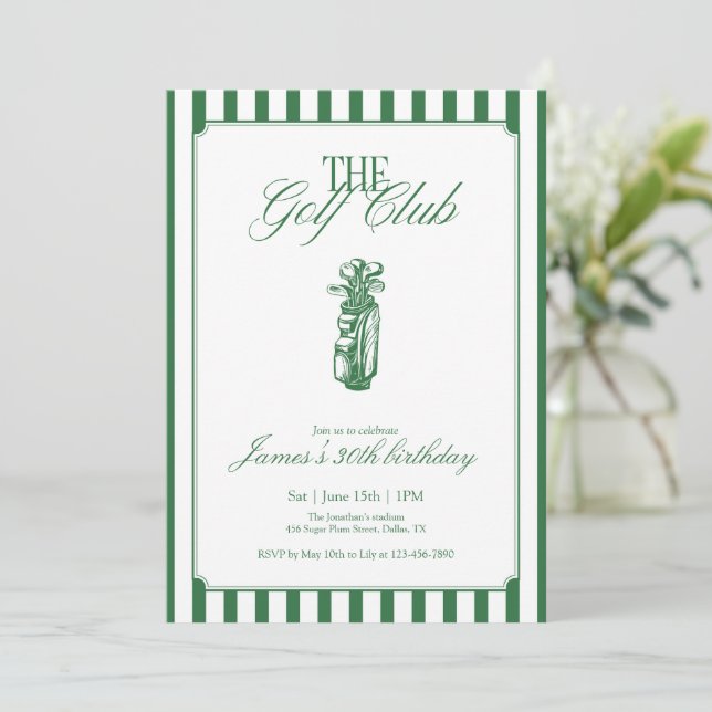 The Golf Club Golf Birthday Party Green Stripe  Invitation (Standing Front)