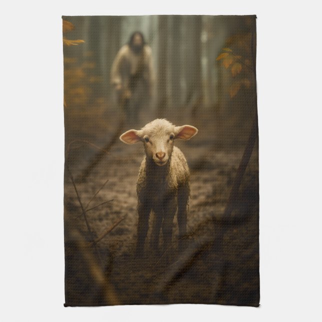 The Good Shepherd and the Lost Lamb – Jesus & Lamb Tea Towel (Vertical)