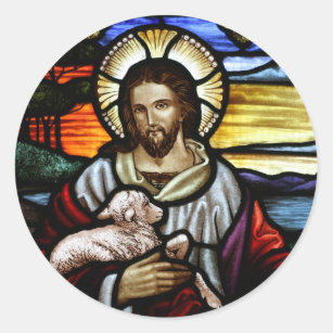 The Good Shepherd; Jesus on stained glass Classic Round Sticker