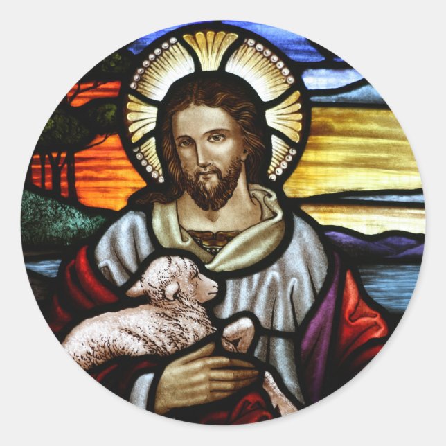 The Good Shepherd; Jesus on stained glass Classic Round Sticker (Front)