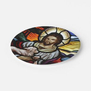 The Good Shepherd; Jesus on stained glass Paper Plate