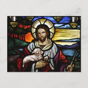 The Good Shepherd; Jesus on stained glass Postcard