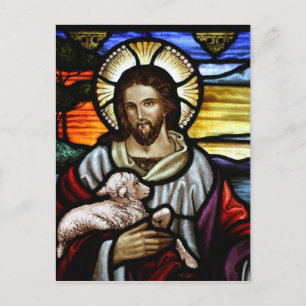 The Good Shepherd; Jesus on stained glass Postcard
