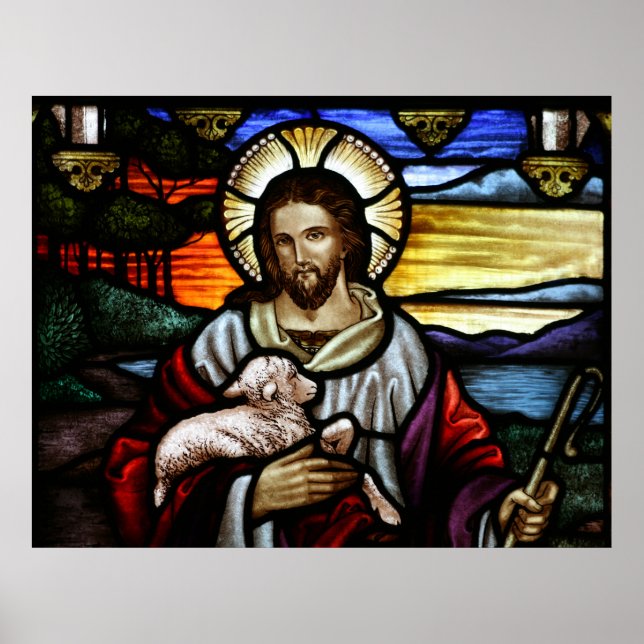 The Good Shepherd; Jesus on stained glass Poster (Front)
