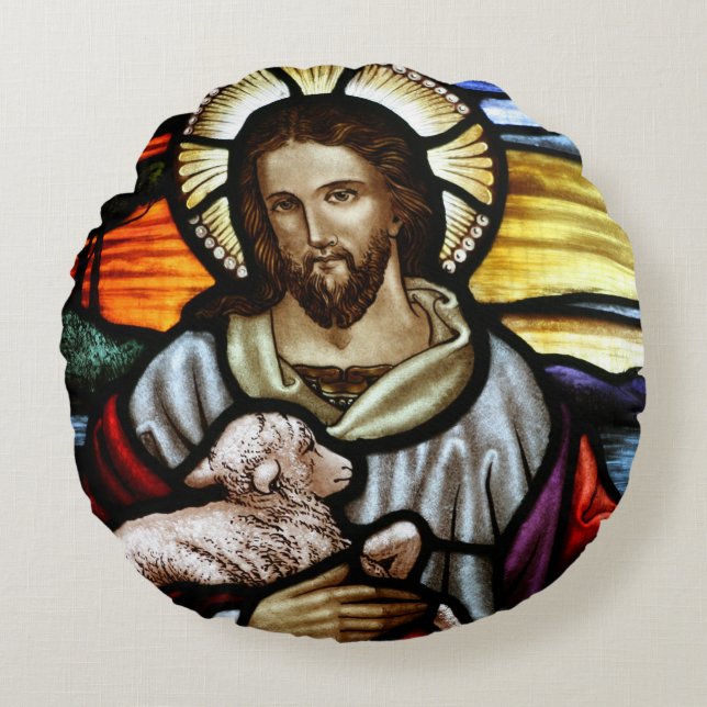The Good Shepherd; Jesus on stained glass Round Cushion (Front)