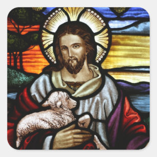The Good Shepherd; Jesus on stained glass Square Sticker