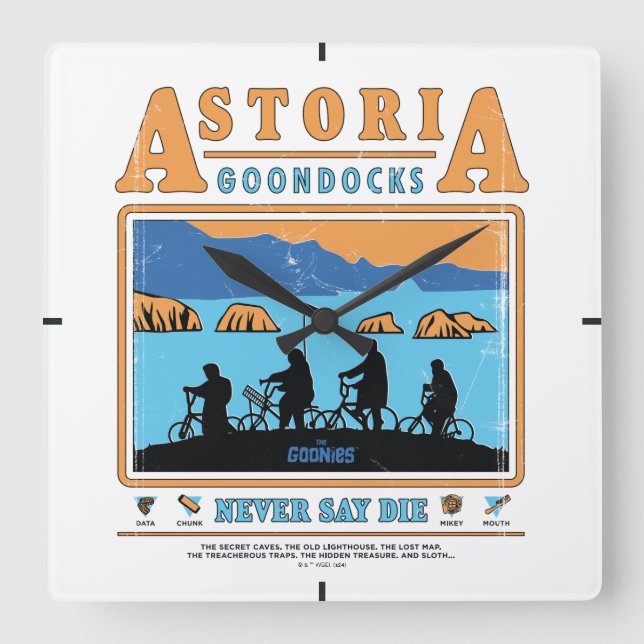 The Goonies Silhouettes Over Astoria Goondocks Square Wall Clock (Front)