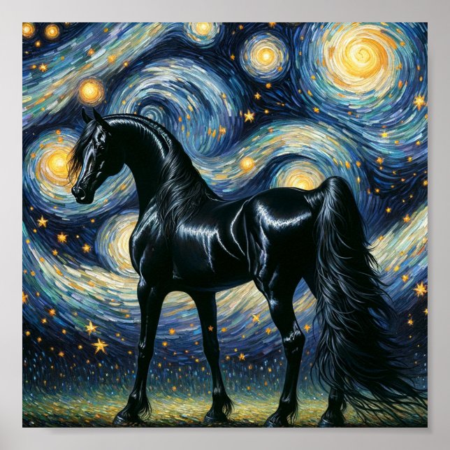 The Gorgeous Black Stallion in the Starry Night Poster (Front)