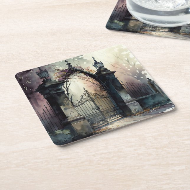 The Gothic Cemetery Gate Series Design 12 Square Paper Coaster (Angled)