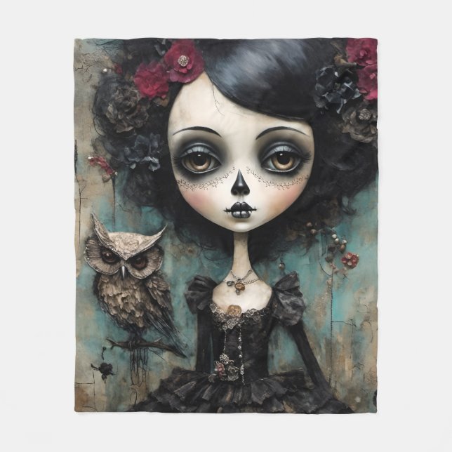 The Gothic Doll and Her Pet Owl Fleece Blanket (Front)