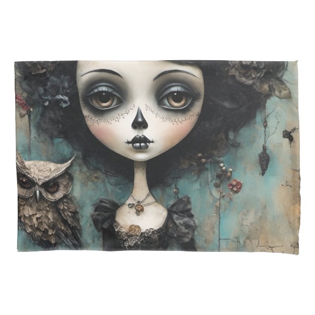 The Gothic Doll and Her Pet Owl Pillowcase (Front)