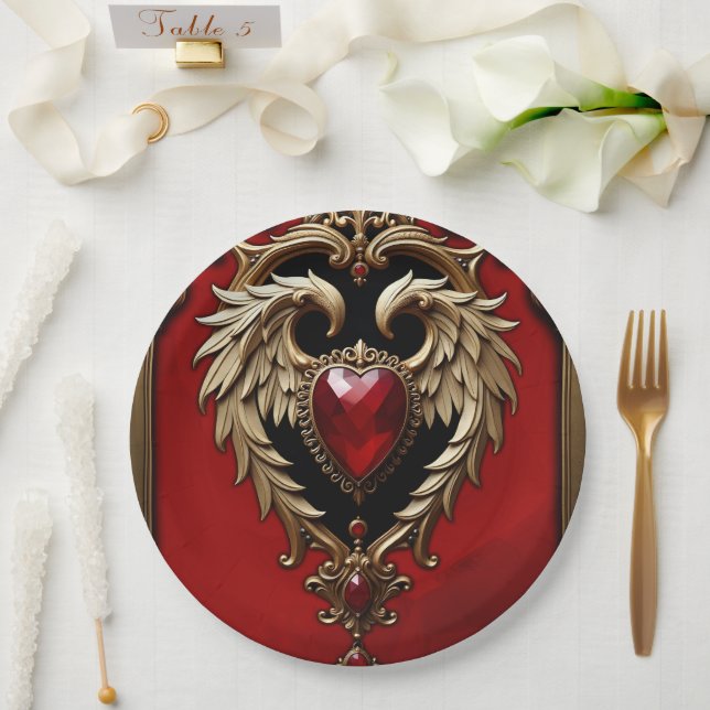 The gothic heart of fire and gold paper plate (Wedding)