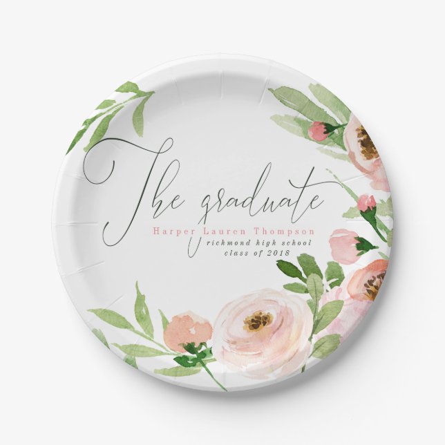 THE GRADUATE BLUSH WATERCOLOR FLORAL PAPER PLATE (Front)