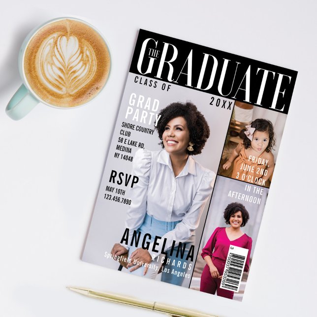The Graduate Trendy Magazine Cover 3 Photo Grad Invitation (Creator Uploaded)