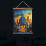 The Grand Art Deco Blue Plaza Pavilion by Xzendor7 Hanging Tapestry<br><div class="desc">The Grand Art Deco Blue Plaza Pavilion AI Concept Art by Xzendor7; illuminated by the golden glow of the setting sun,  accented by the glorious architectural skyline of glass and steel.</div>