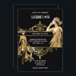 The Great Gatsby 1920's black gold birthday Invitation<br><div class="desc">An ornate faux gold art deco style horizontal frame has white templates on it and is framed by a black background. To the left of the golden frame is a flapper girl wearing a long fringed faux gold dress and a headband. She is walking directly to you and a second...</div>