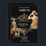 The Great Gatsby 1920's black gold birthday Invitation<br><div class="desc">An ornate faux gold art deco style horizontal frame has white templates on it and is framed by a black background. To the left of the golden frame is a flapper girl wearing a long fringed faux gold dress and a headband. She is walking directly to you and a second...</div>