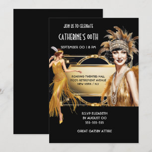The Great Gatsby flapper girls black gold birthday Invitation