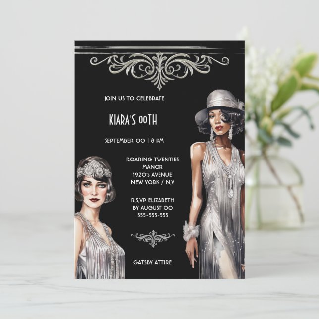 The Great Gatsby | silver black Flapper girls chic Invitation (Standing Front)