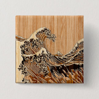 The Great Hokusai Wave Bamboo Wood Grain Style 15 Cm Square Badge